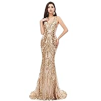 Women's Double V-Neck Sequins Lace-up Mermaid Evening Dress