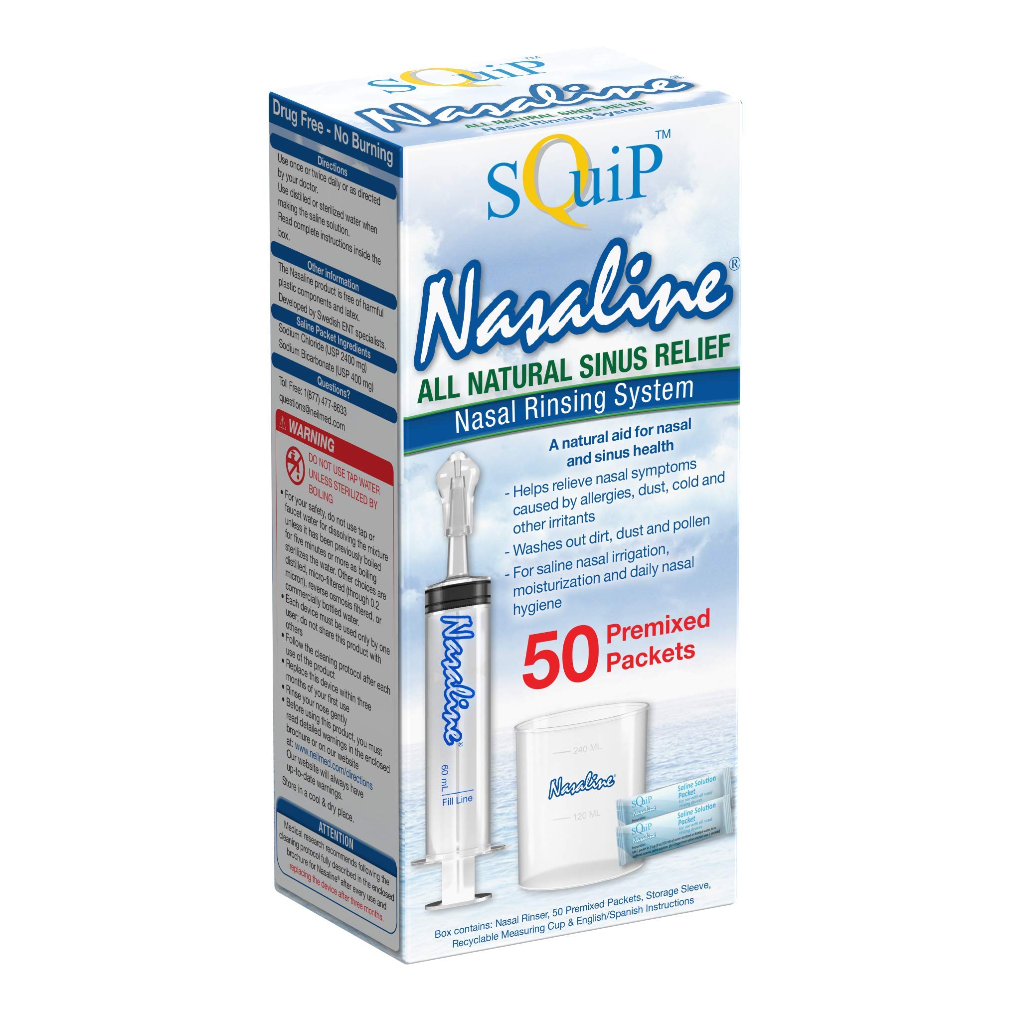 Squip Nasaline Nasal Rinsing Kit with 50 Premixed Saline Packets, One Color