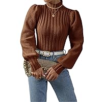 Sweaters for Women -Pullovers Mock Neck Lantern Sleeve Sweater Sweaters for Women (Color : Coffee Brown, Size : Large)