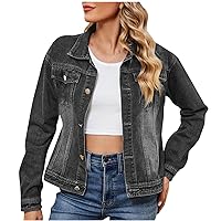 Womens Slim Fit Denim Jackets Casual Gradient Long Sleeve Jean Outerwear Lapel Hoodless Trucker Jacket Jean Coats