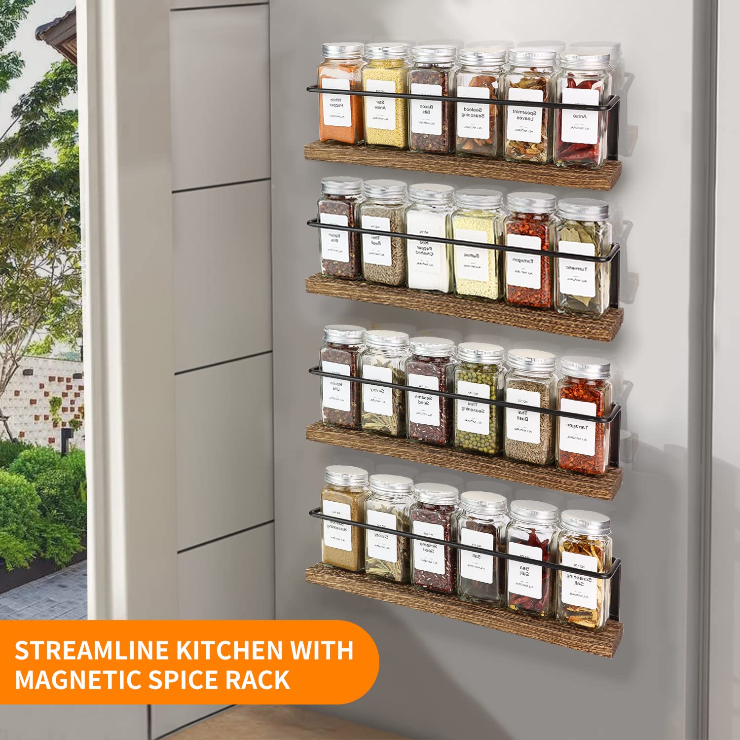 KitHero Magnetic Spice Rack Organizer with 24 Jars, 216 Labels, 1 Steel Funnel for Refrigerator，Microwave Oven - Full Set of Seasoning Organizer