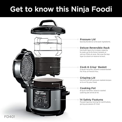 Ninja FD401 Foodi 12-in-1 Deluxe XL 8 qt. Pressure Cooker & Air Fryer that Steams, Slow Cooks, Sears, Sautés, Dehydrates & More, with 5 qt. Crisper Basket, Deluxe Reversible Rack & Recipe Book, Silver
