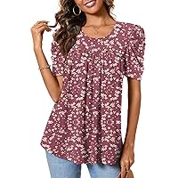 Anydeer Women Tunic Top Summer Short Puff Sleeve Chest Pleated T-Shirt Casual Blouse Loose Tee
