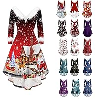 TWGONE Christmas Dresses for Women Funny Long Sleeve V Neck Fuzzy Maxi Dress A-line Cocktail Holiday Party Flare Dress