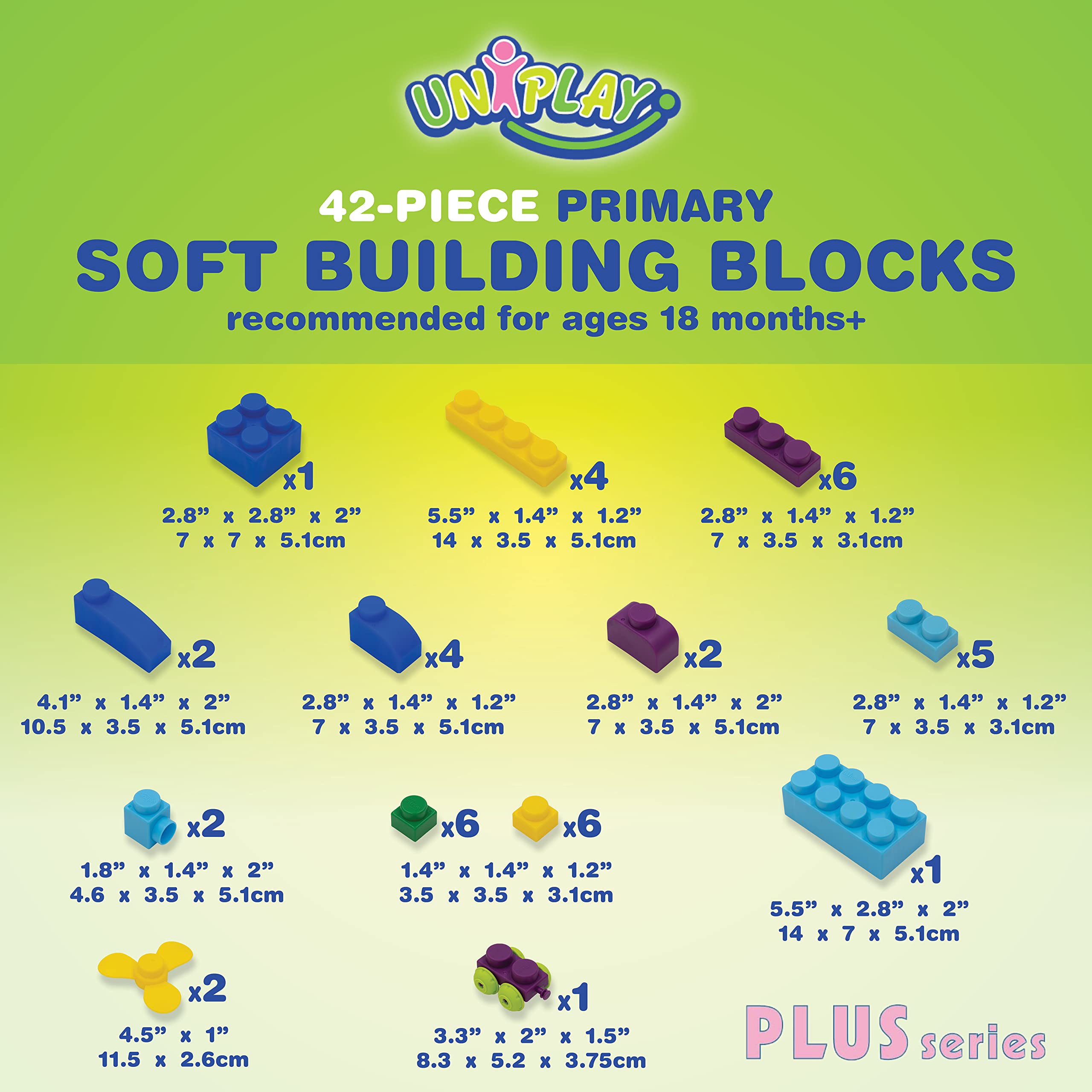 UNiPLAY Plus Soft Building Blocks — Creativity Toy, Educational Play, Cognitive Development, Early Learning Stacking Blocks for Infants and Toddlers, Primary (42-Piece Set)