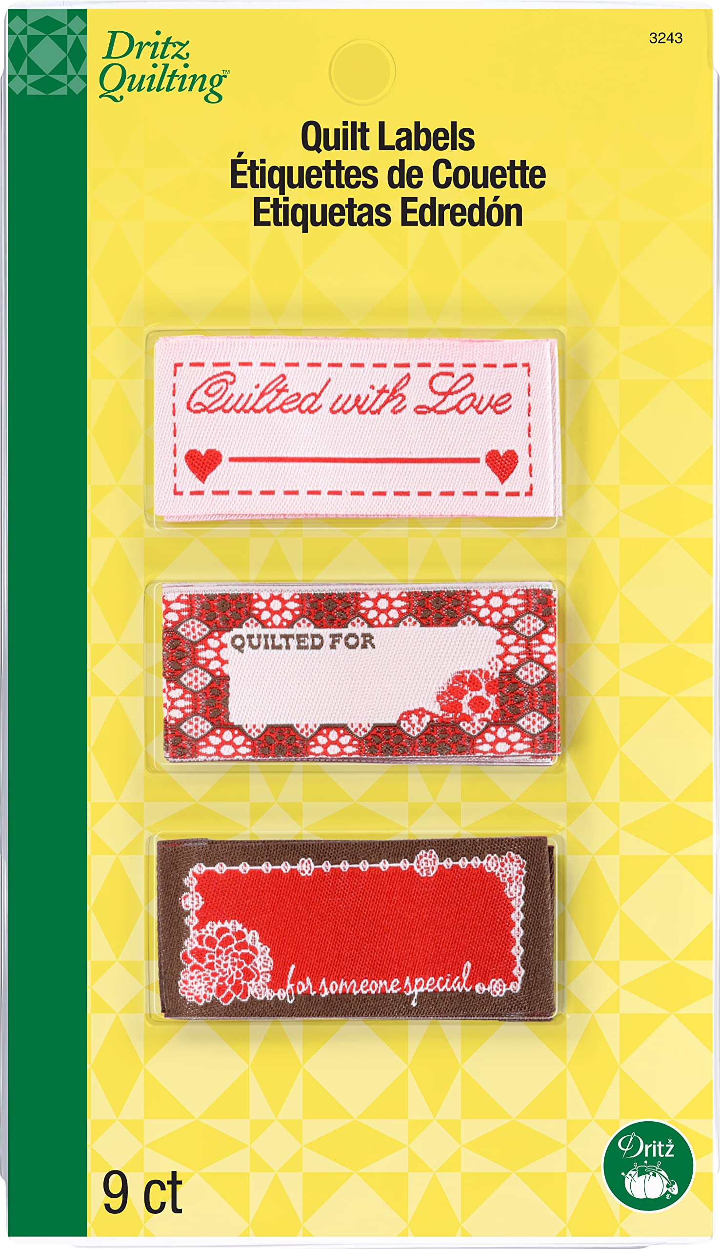 Dritz 3243 Sew-In Embroidered Label, Quilted With Love (9-Count)