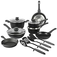 Gibson Soho Lounge Nonstick Forged Aluminum Induction Pots and Pans Cookware Set W/Cast Iron Skillet, 15-Piece Set, Black