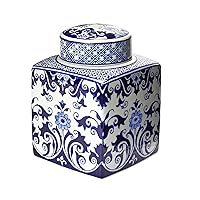 Creative Co-Op Decorative Stoneware, Blue and White Ginger Jar, Floral Pattern