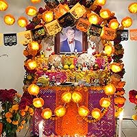 21 Pcs Day of The Dead Decorations for Dia De Los Muertos Include 3 Pcs 4.9 ft Artificial Marigold Garland with LED, 16 Pcs Monarch Butterfly Decorations, 2 Pcs 16.4 ft Mexican Party Banner