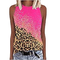 Leopard Color Block Trendy Tank Tops for Women Summer Casual Loose Fit Sleeveless Crewneck Pullover T-Shirts