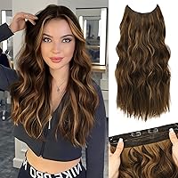 MORICA Invisible Wire Hair Extensions - 20 Inch Mixed Brown Long Wavy Synthetic Hairpiece with Transparent Wire Adjustable Size, 4 Secure Clips for Women