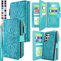Harryshell Detachable Magnetic Zipper Wallet Leather Case with Cash Coin Pocket 12 Card Slots Holder Wrist Strap Lanyard for Samsung Galaxy S24 Ultra 5G 6.8 inch (2024) (Flower Blue Green)