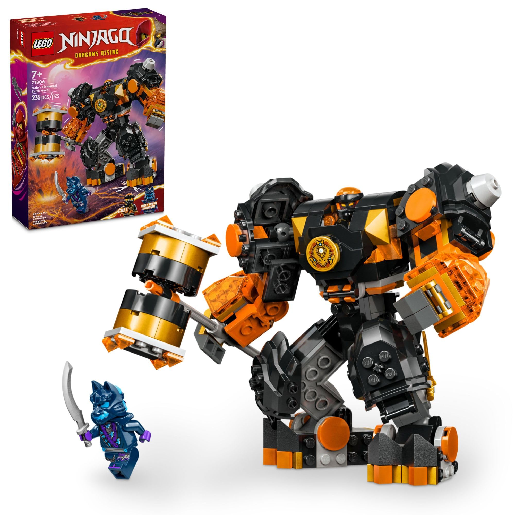 LEGO NINJAGO Cole’s Elemental Earth Mech Mini Ninja Toy, Customizable Action Figure Adventure Toy with Cole and Wolf Warrior Minifigures, Ninja Gift for Boys, Girls and Kids Ages 7 and Up, 71806