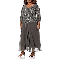 J Kara Women's Plus Size 3/4 Sleeve with Scallop Beaded Pop Over Gown