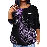 Plus Size Tops for Women 3X Oversized Tshirts for Women Gradient Color Novelty Casual Fashion Loose with 3/4 Sleeve Round Neck Blouses Purple 3X-Large