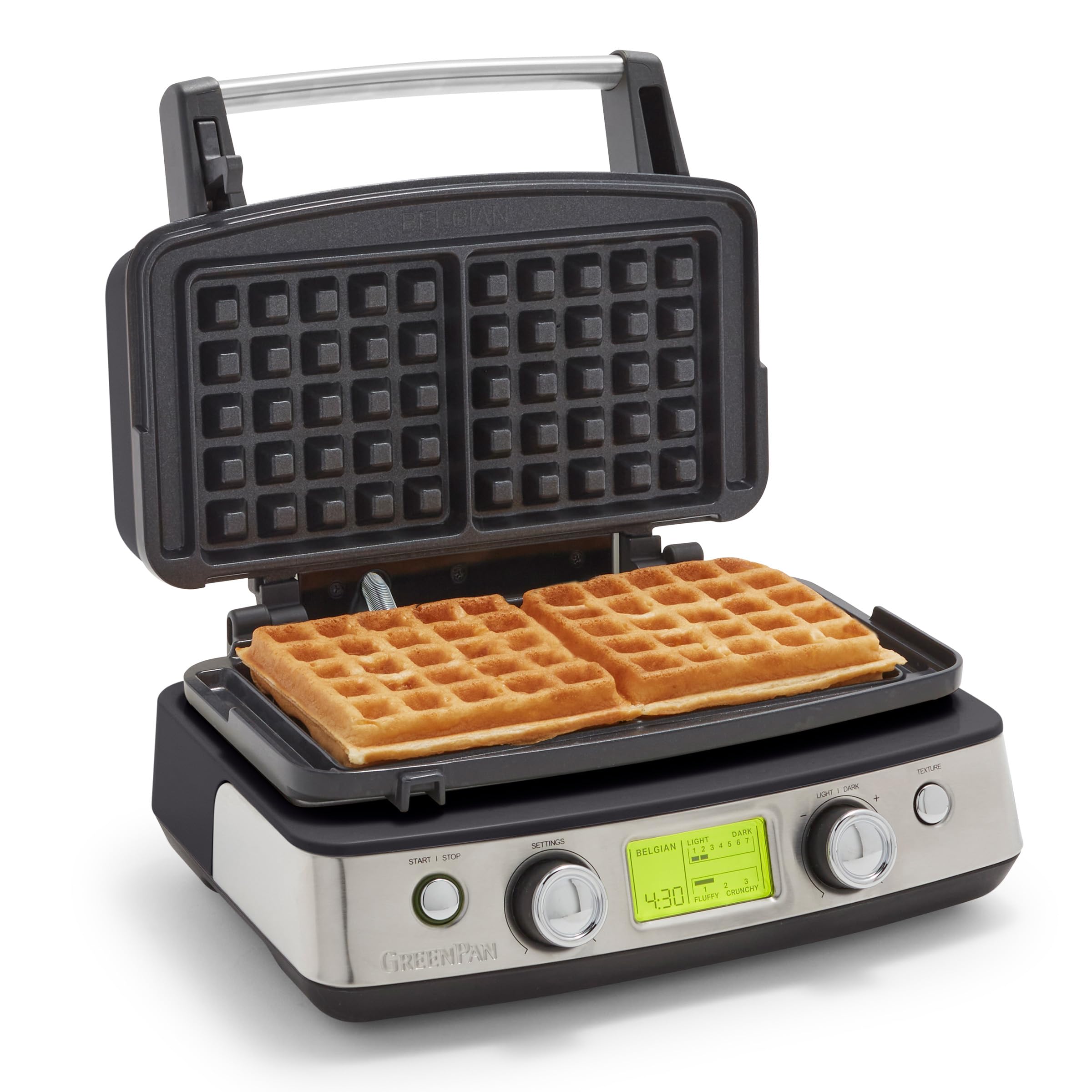 GreenPan Elite 2-Square Belgian & Classic Waffle Iron, Healthy Ceramic Nonstick Aluminum Dishwasher Safe Plates, Adjustable Shade/Crunch Controls, Wont Overflow, Easy Cleanup Breakfast, Black