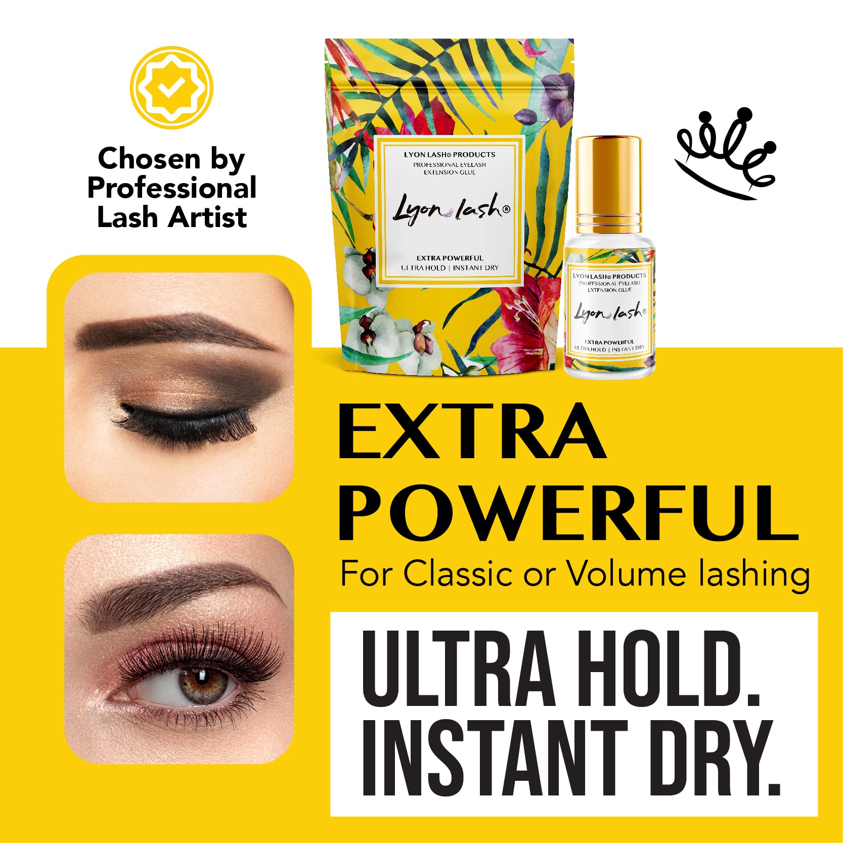 Extra Powerful Eyelash Extension Glue - Lyon Lash 5ml Performance Glue | 1-2 Sec Dry Time | 6-8 Weeks Retention | Black Adhesive Supplies for Professional Use