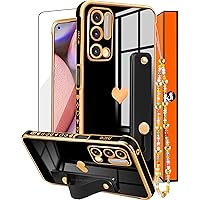 Likiyami (3in1 for OnePlus Nord N200 5G Case Heart for Women Girls Girly Cute Pretty with Stand Phone Cases Black and Gold Plating Love Hearts Cover+Screen+Chain for OnePlus Nord N200 5G 6.49