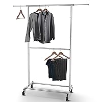 Double Rod Clothing Garment Rack, Rolling Clothes Organizer on Wheels for Hanging Clothes, Chrome