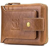 BULLCAPTAIN Genuine Leather Men Wallet with ID Window RFID Blocking Zipper Bifold Wallets Multi Card Holder Zip Coin Purse (Yellowish brown)