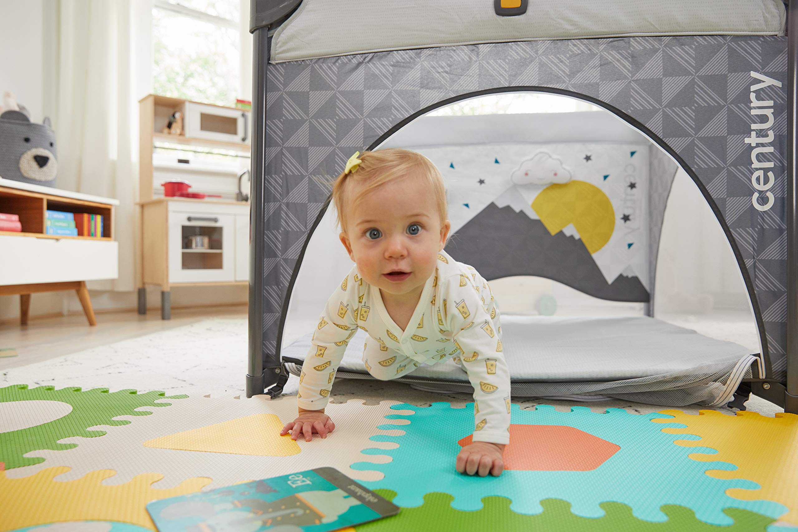 Century Play On 2-in-1 Playard and Activity Center, Playpen Includes Soft Toys and Zippered Door, Metro
