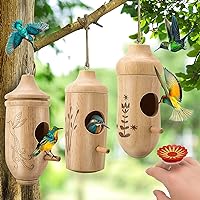 Hummingbird House, 3PCS Bird Houses with Hummingbird Ring Feeder (Red), Wooden Hummingbird House, Outdoor Hanging Bird Houses, Gifts for Bird Lovers, Gardening Gifts