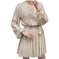 Womens Long Sleeve Sequin Dress Sparkly Tie Wrap Wedding Guest Dresses Casual V Neck Short Beach Cocktail Party Dress