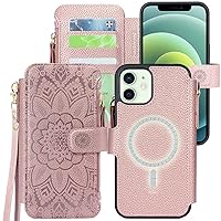 Harryshell Compatible with iPhone 12/12 Pro Case Wallet Support MagSafe Wireless Charging with 3 Card Slots Holder Cash Coin Zipper Pocket Pu Leather Flip Closure Wrist Strap (Floral Rose Gold)