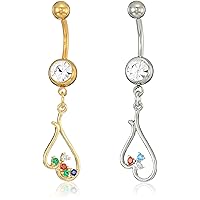 Body Candy Women's Gold Toned Steel Clear Accent BFF Upside Down Heart Dangle Belly Body Piercing Ring Set of 2, One Size