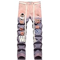 Men's Jeans Men Ombre Letter & Cartoon Graphic Ripped Jeans with Belt Men's Jeans (Color : Multicolor, Size : 32)