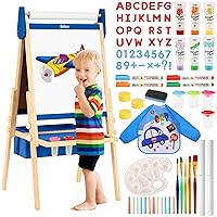 All-in-One Art Easel for Kids with 2 Paper Rolls & Deluxe Accessories, Adjustable Magnetic Double Sided Whiteboard & Chalkboard, Painting Kid Easel for Toddlers 2-8, Ideal Christmas Gift