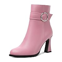 Womens Party Zip Casual Matte Solid Round Toe Block High Heel Ankle High Boots 3.3 Inch