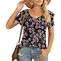 Womens Summer Tops Casual V Neck Ruffle Short Sleeve T Shirts Loose Fit Blouses