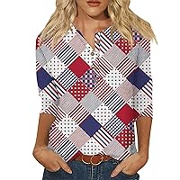 4Th of July Shirts for Women,Star Stripes American Flag T Shirts Patriotic Shirt 3/4 Sleeve Henley Tunic Summer Tops