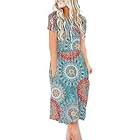 AUSELILY Women's Short Sleeve Pockets Empire Waist Loose Swing Casual Flare Print Floral Pleated Dress