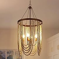 Large Beaded Chandelier, Modern Antique Gold Boho Light Fixtures with Grey White Wood Beads for Dining Room, Living Room, Kitchen and Foyer (4-Light)