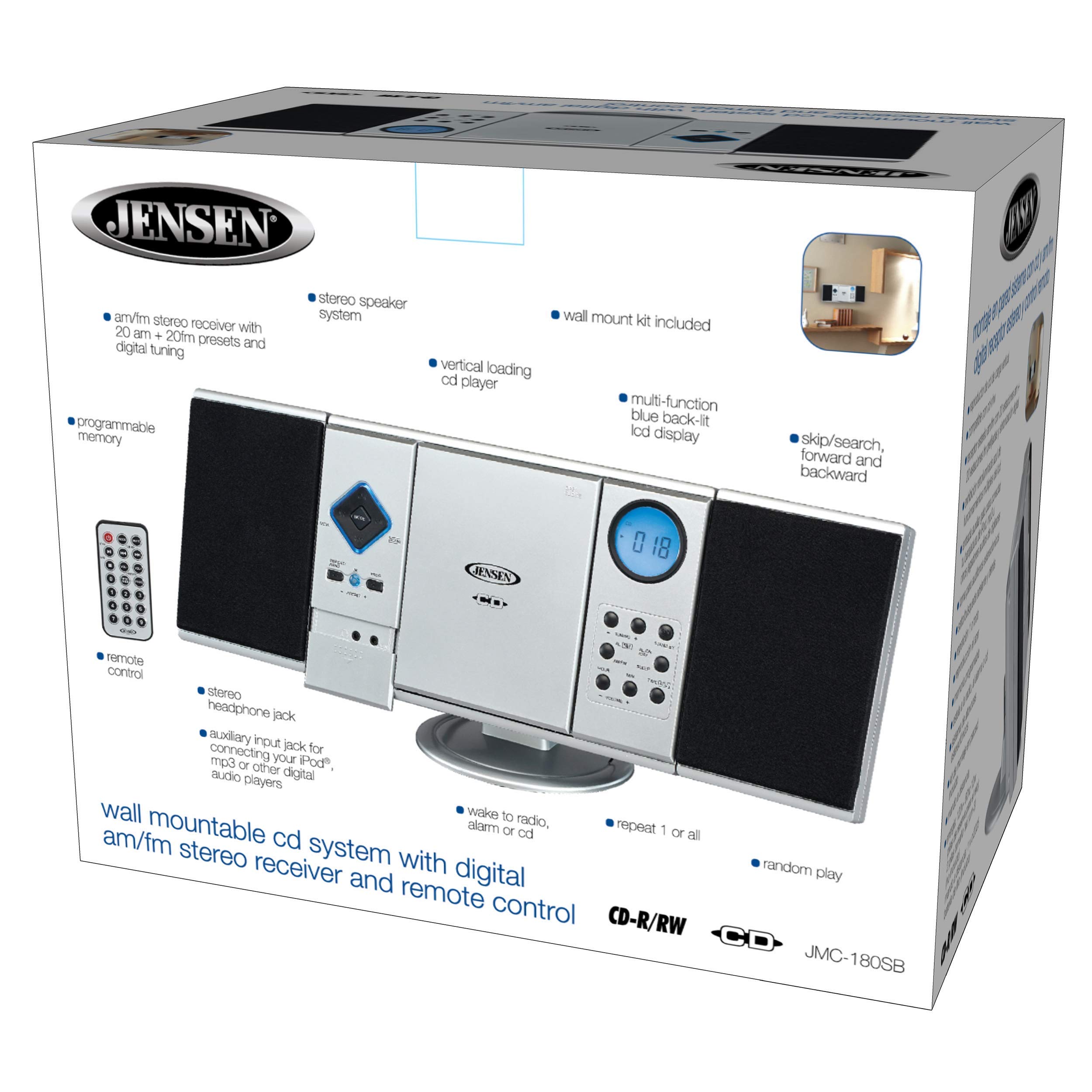 Jensen Modern Black Series JMC-180 Silver Wall Mountable Vertical Loading CD Music System, Digital AM/FM Stereo with Speakers, Aux-in, & Headphone Jack Remote Control (Silver)