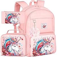 gxtvo 3PCS Unicorn Backpack, Water Resistant Girls Aesthetic Bookbag with Lunch Box, 17 Inch Cute Anti Theft School Bag Set for College Teenagers Senior Junior Elementary - Pink Unicorn