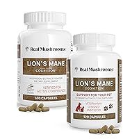 Real Mushrooms Lions Mane for Humans (300ct) and Pets (120ct) - Bundle for Cognition & Immunity - Vegan, Non-GMO, Gluten-Free, Grain-Free Mushroom Extract Supplements