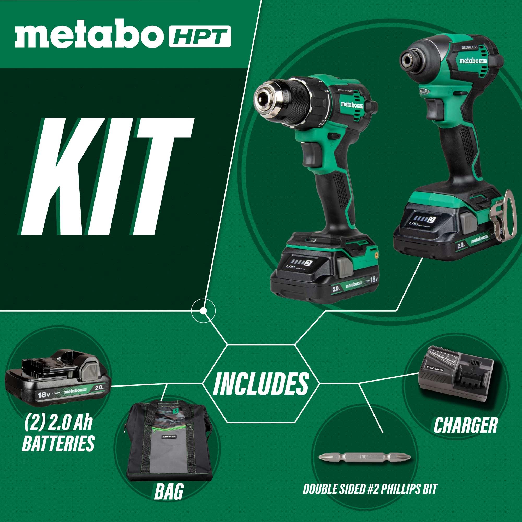 Metabo HPT 18V MultiVolt™ Cordless Brushless Driver Drill & Impact Driver Combo Kit | Includes 2-18V 2.0Ah Batteries | Lifetime Tool Warranty | KC18DEXQB