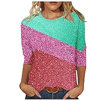 Sparkly Glitter Shirt for Women Fashion Sequin 3/4 Sleeve Tunic Tops Casual Crewneck Pullover Blouse 2024 Summer Comfy Tshirt