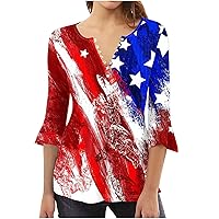 USA Flag Stars Stripes Tunic Tops Women Dressy Flowy Henley Neck Shirts 3/4 Bell Sleeve 4th of July Patriotic Blouse