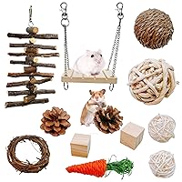 kathson 12 Pcs Hamster Chew Toys Guinea Pig Natural Wood Activity Toys Small Animal Molar Chewing Toys for Teeth Care Handmade Bunny Treats Branch String for Chinchillas Gerbils Swing Ball