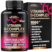 Vitamin B Complex for Men & Women - Made in USA - 11-in-1 B-Complex: B1, B2, B3, B5, B6, B7, B8, B9, B12 with Vitamin C, Choline, Inositol - Energy, Brain & Heart Support Supplement, 60 Vegan Capsules