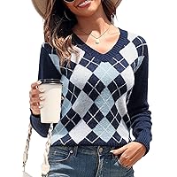 ZAFUL Women's Argyle Sweater V-Neck Cropped Sweater Long-Sleeve Plaid Sweater Pullover Jumper Knit Top