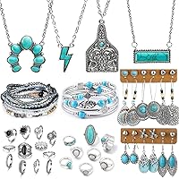 47 PCS Silver Bohemian Jewelry Set With 4pcs Turquoise Necklace,12 pairs Dangle Earrings, 11pcs Stackable Bangle Bracelets, 20pcs Knuckle Rings For Women Girls Vintage Western Boho Turquoise