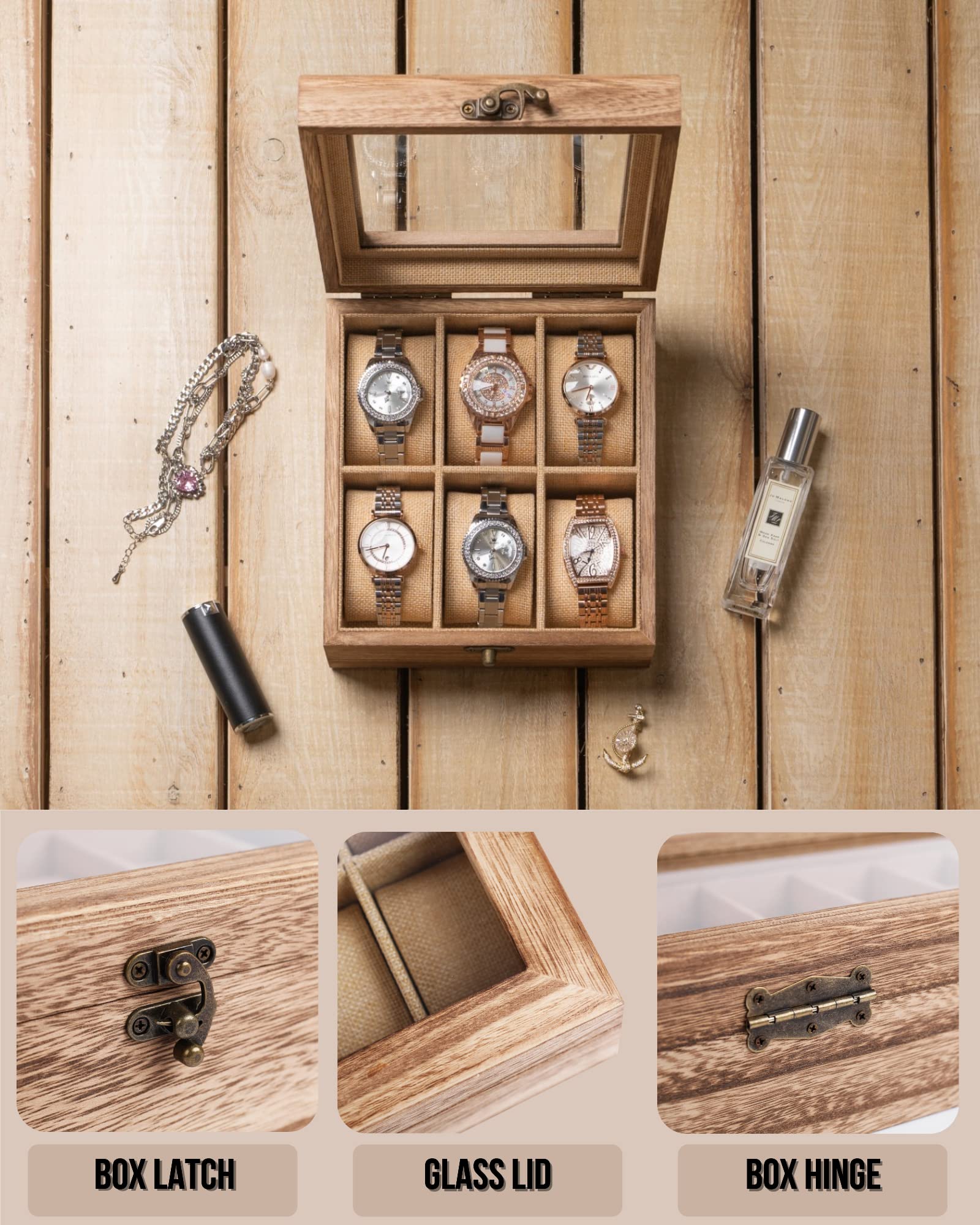 Exper City Watch Box, Watch Case for Men Women with Large Glass Lid, Wooden Watch Display Storage Box with 6 - Slots, Wood Mens Watch Box Organizer