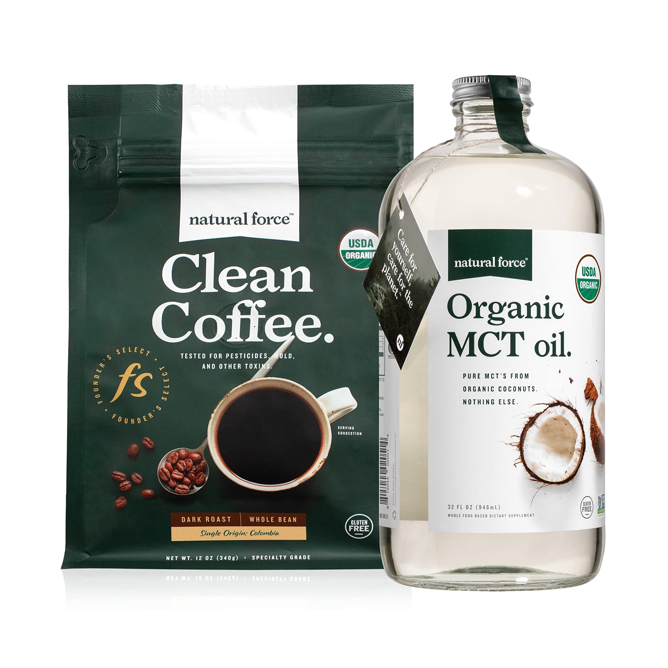 Natural Force Organic Dark Roast Clean Coffee + Organic MCT Oil Bundle – 100% Pure Coconut MCTs & Mold & Mycotoxin Free Coffee – Non-GMO, Keto, Paleo, and Vegan - 12 Oz and 32 Oz