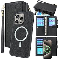 Lacass Compatible with MagSafe Case Wallet for iPhone 15 Pro Max 6.7 inch,2 in 1 Magnetic Detachable Leather Wallet Cover with Card Holder Zipper Wrist Strap Lanyard (Black)