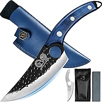 XYJ FULL TANG 6 Inch Stainless Steel Boning Knife Chef Fishing Knives Carry Leather Sheath Outdoor Cooking Knives Meat Butcher Knife For Camping Kitchen or Outdoor BBQ Blue, 6 Inch